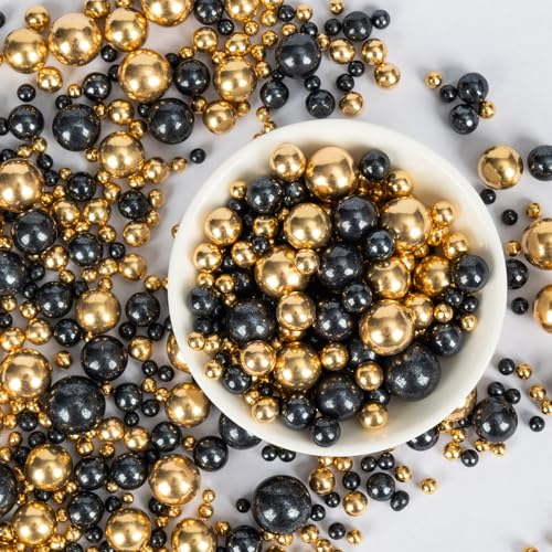 Image of Edible Pearl Sprinkles for Cake Decorating,130g Black and Gold Candy Sprinkle Mixing Size,Baking Pearls Cake Cupcake Toppers,Cookie Donuts Ice Cream Decorations,Wedding Birthday Party Supplies