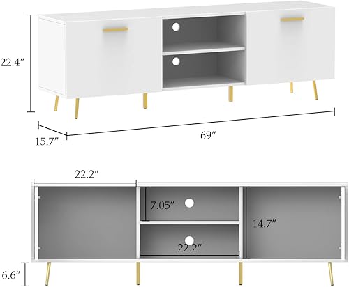 Miniatura 7 de Hitow Mueble de TV de 70 pulgadas, centro de entretenimiento con 2 puertas y estantes abiertos, mesa de consola de sala de estar, gabinete de