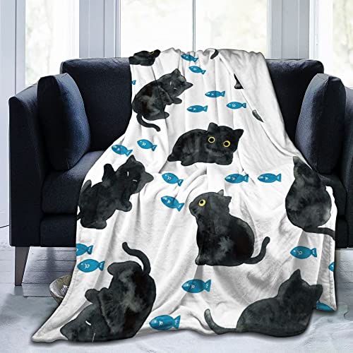 毛布 アニメ ネコ 黒い猫柄 魚 ブランケット シングル ひざ掛け 125×150cm フランネル 掛け毛布 大判 暖かい 肩掛け 膝掛け 布団 柔らかく肌触り 抗菌防臭 プレゼント 春 秋 冬 防寒対策 四季適用のサムネイル