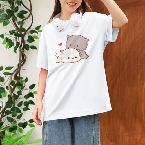 Image of KEEVICI Cute Cat Shirts for Girls Graphic Tees Kids Kawaii Cartoon Animal Print T Shirt Summer Cotton Short Sleeve Tops