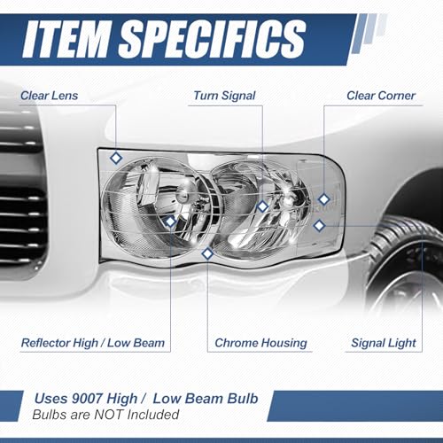 Image of Auto Dynasty Headlights for 02-05 Dodge Ram 1500 2500 3500, Chrome Clear | Headlights Assembly for 02-05 Dodge Ram 1500 2500 3500, Driver and Passenger Side Halogen Headlamps Replacement, Chrome Clear