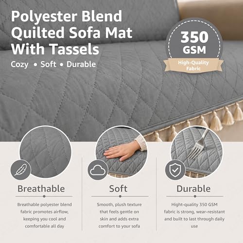 Image of Lukzer Quilted Sofa Cover Mat with Tassels for 2 Seater Sofa - Stone Grey | Soft Washable Anti-Slip Protector for Living Room | Furniture Cover for Back-Seat Slipcover 120X150CM / SC-193-2T