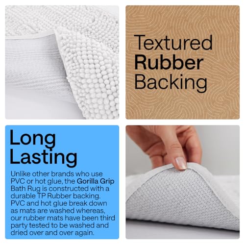 Image of GORILLA GRIP Bath Rug Mat, Thick Soft Absorbent Chenille, Quick Dry Microfiber Mats, Rubber Backing Washable Shower Floor Rugs, US Designed Bathroom Bathmat Home Decor Accessories, 24x17, White