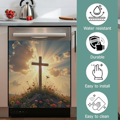 Dishwasher Cover,Wooden Cross Reusable Dishwasher Magnet Cover,Decorative Easter Wildflowers Magnetic Refrigerator Cover Front Panel Cover for Kitchen Decor 23x26 Inch by GYYGOO - Image 4