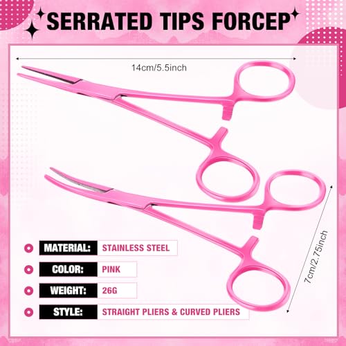 Image of BBTO Hemostat Curved and Straight Hemostat Forceps Piercing Pliers Forceps, Stainless Steel Straight and Curved Pliers, Fishing Tweezer(Pink,2 Pcs)