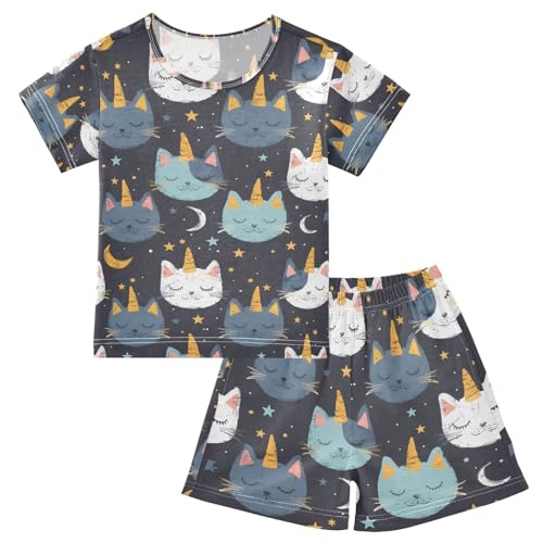 ALAZA Cat Unicorn Star Moon Pajamas Set Short Sleeve Cotton Sleepwear Summer Pjs 2 Piece 5-14Y