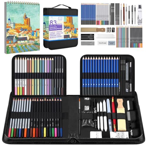 83-piece creative set with colored drawing watercolor and graphite pencils in a pencil case ideal for drawing and painting