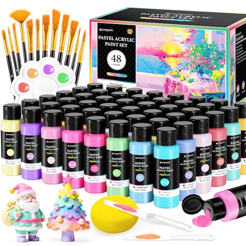 64 PCS Pastel Acrylic Paint Set with 12 Brushes, 2 Knives & Palette, 48 Colors (2oz/60ml) Art Craft Paint for Adults Kids Artists Beginners, Canvas Ceramic Rocks Wood Painting Kit Art Supplies