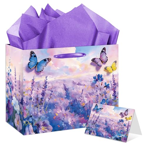 YXYASR Impressionist Butterfly Gift Bag with Greeting Card & Purple Tissue Paper - Large Floral Lavender Flower Field Gift Wrap for Mothers Day Birthday Bridal Shower Wedding & Get Well Soon