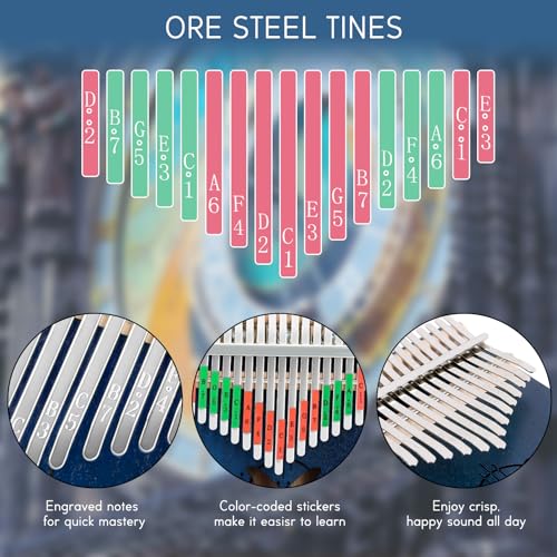 Image of RANMING 17 Key Kalimba Thumb Piano Solid Wood Mahogany Kalimba with Tuning Hammer & Study Guide Portable Mbira for Adults Unique Gift for Music Lover Blue