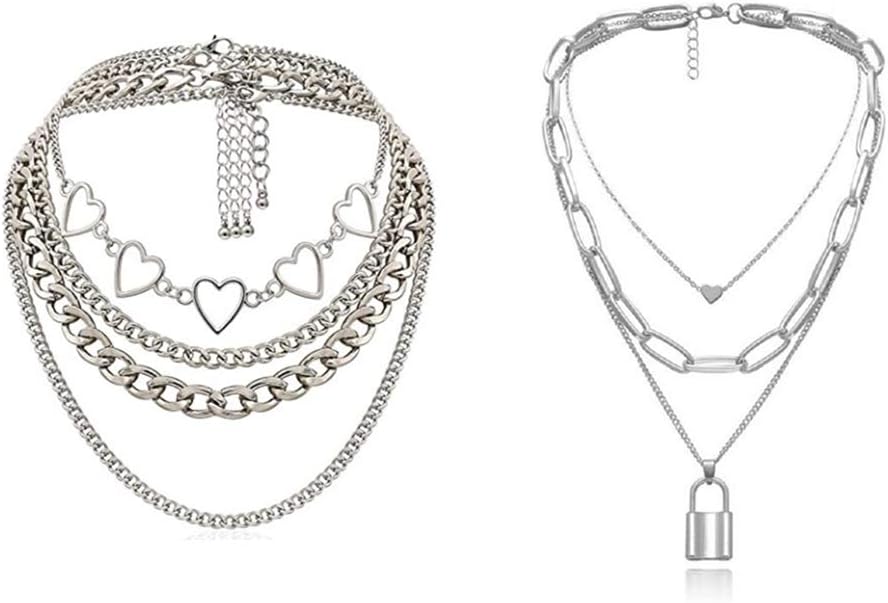COLORFUL BLINGCOLORFUL BLING Egirl Jewelry Egirl Lock Chain Necklace Statement Lock Key Pendant Necklace Silver Set Eboy Long Multilayer Chains Punk Choker for Women Girls