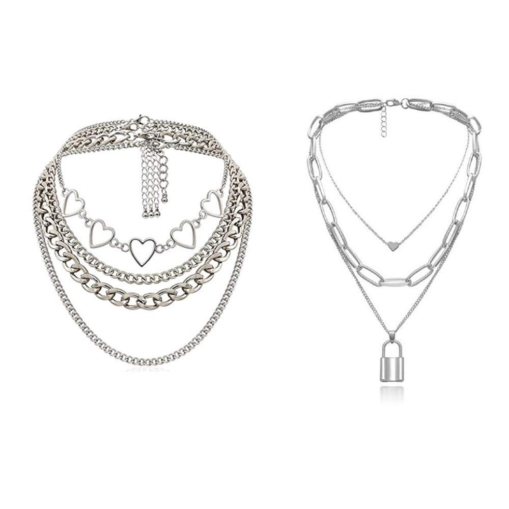 COLORFUL BLINGCOLORFUL BLING Egirl Jewelry Egirl Lock Chain Necklace Statement Lock Key Pendant Necklace Silver Set Eboy Long Multilayer Chains Punk Choker for Women Girls
