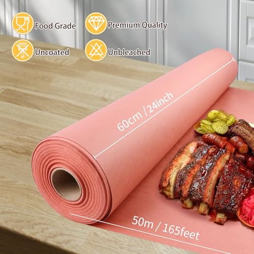 Tikxlafe Metzgerpapier Rolle, Butcher Paper Pink 60cm x 50m Metzger Papier, BBQ Kraftpapier for Smoking Meat Kochen von saftigem für Grill, Smoker, Fischfleisch