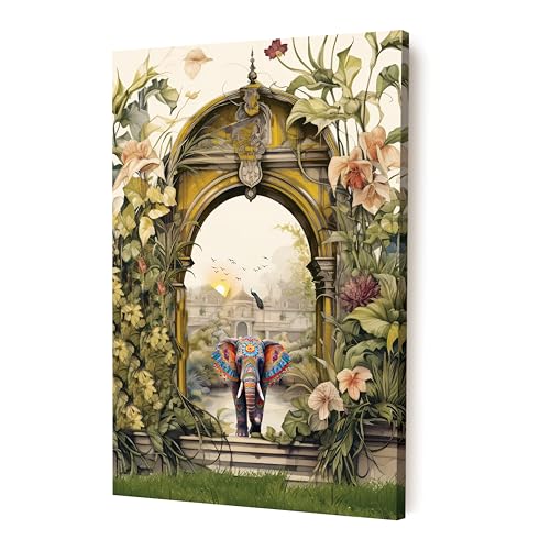 Image of PAINTINGMANTRA Stretched Canvas Painting Mughal Garden with Elephant Modern Wall for Home Decor, Living Room, Wall Decoration Paintings (Green, Size: 16x22 Inch)