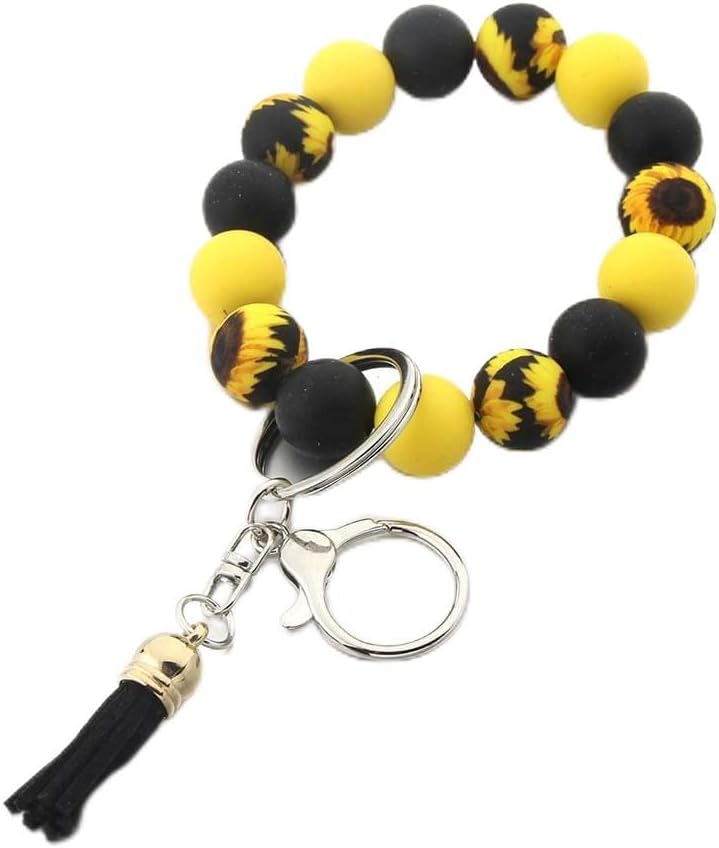Sunflower Silicone Keychain Bracelet Wristlet Key Ring Unique Beaded Bangle Key Chains with Leather Tassel for Women