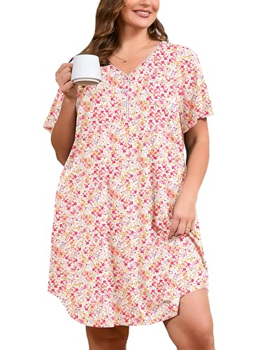 AusLook Plus Size Floral Nightgown for Women Midi Sleep 1X Dress Short Sleeve V Neck Flowy Lounge House Dress Casual Printed Night Dress