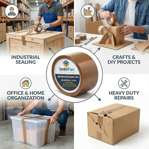 Image of Indipac Brown Cello Tape 3 Inch 65m Roll BOPP - Heavy Duty Sealing Tape for Carton Box Packing, Warehouse, Industrial, Office & Ecommerce Packaging (Pack of 12)