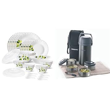Green Leaves Silk Series Opalware Dinner Set, 35 Pieces, White+Borosil - Hot-N-Fresh Stainless Steel Insulated Lunch Box, Set of 4 (2pcs 350 ml + 2pcs 420 ml), Grey