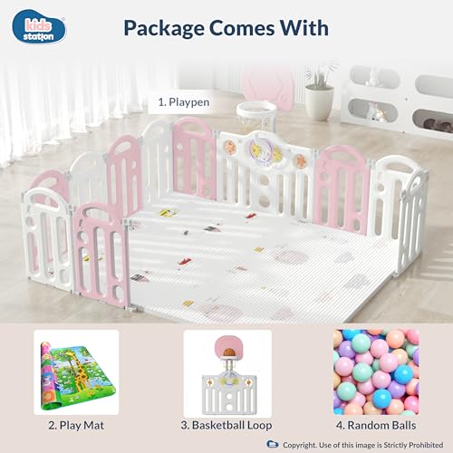 Image of Kids Station Pink Bear Baby Playpen 180 x 200 with Playmat, Basketball Hoop & 20 Balls, Spacious Safety Play Yard for Babies & Toddlers, Indoor /Outdoor Use, Sturdy Frame