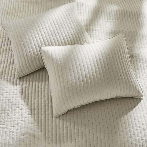 WDCOZY Beige Cross Stitch Queen Size Quilt Set, Netural Striped Lightweight Soft Bedspread, Channel Farmhouse Rustic Coverlet, All Season Country Bedding, Thin Comforter