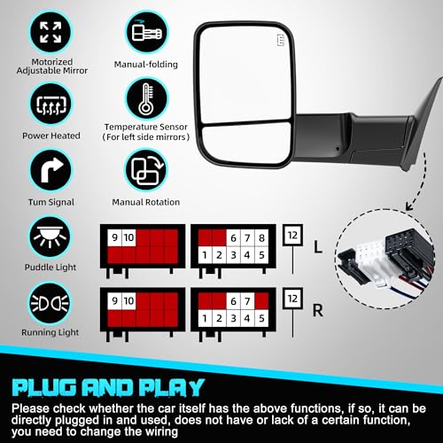 Image of Switchback Signal Tow Mirrors Compatible with Dodge Ram 1500(2009-2018) 2500 3500(2010-2018), Power Heated Flip Up Extended Trailer Towing Side Mirrors w /Puddle Light, Smoked Lens Chrome Housing