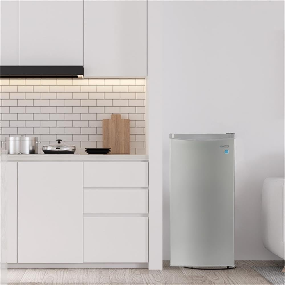 Pemberly Row Compact Upright Freezer, 4.3 Cu Ft, Freestanding Convertible Design, Stainless Steel Finish, Reversible Door, Adjustable Shelves, Garage-Ready, Quiet Operation, Small Space Kitchen or on Fridge.com