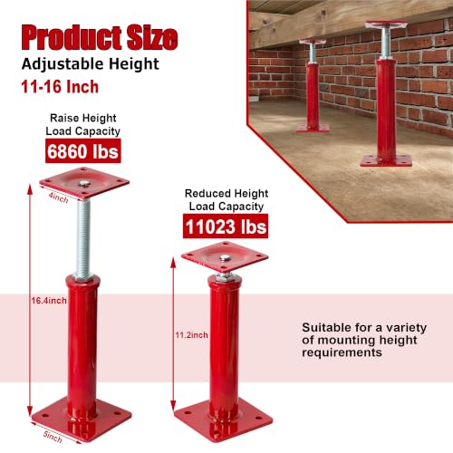 2 unidades de gatos para nivelación de viviendas, gatos ajustables para pisos | Rango de altura 11-16 pulgadas, carga máxima 11023 lb, gatos de tornillo pesados para nivelación de cimentaciones, decks y espacios bajo la casa miniatura 2