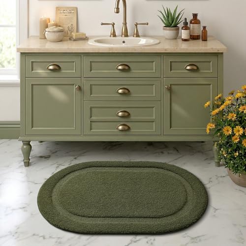 Image of Color&Geometry Oval Green Bathroom Rugs 32x20, Extra Soft Absorbent Microfiber Bath Rugs, Non-Slip Bathroom mat, Washable Plush Bath Mats for Bathroom, Shower, Bathtub, Laundry, Green
