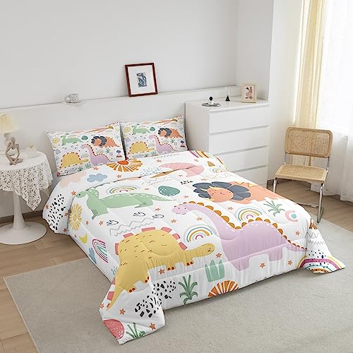 Image of Feelyou Dinosaur Comforter, Cute Rainbow Dino Comforter Set Toddler Size for Kids Boys Girls Jungle Dino Comforter Set Toddler Size Cartoon Rainbow Wildlife Duvet Set Durable Quilt Set