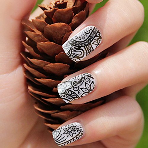 BMC Black Flower Design White Glitter Base Nail Polish Art Sticker Wraps Strips