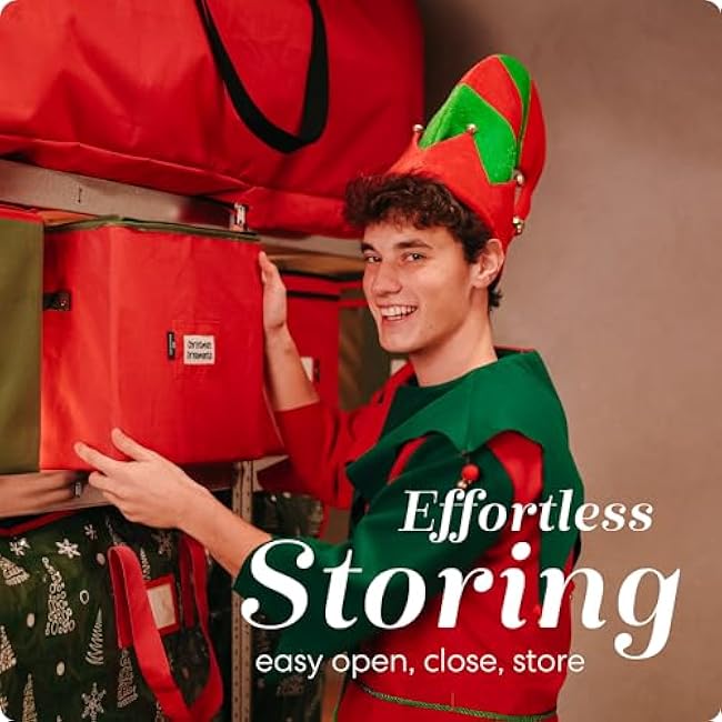 Handy Laundry Christmas Ornament Storage - Stores upto 64 Holiday Ornaments, Adjustable Dividers, Zippered Top, Two Handles. Storage Box Keeps Holiday Decorations Clean and Dry for Next Season. (Red)