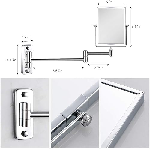 Miniatura 6 de QiMH Espejo de maquillaje de pared con aumento 3X | Rectangular 8 x 6 pulgadas con brazo extensible | Espejo giratorio de doble cara con acabado
