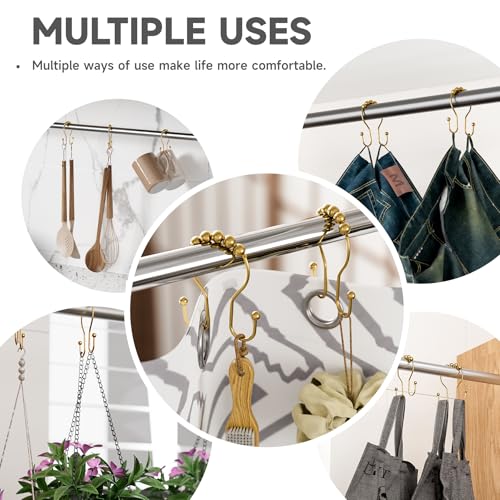 Image of Bathway Shower Curtain Hooks, Shower Curtain Rings Rust Proof Double Hook Shower Curtain Hooks, 12 Pcs Dark Gold Shower Hooks for Shower Curtain, Shower Rings for Curtain, Metal Shower Rod Hooks