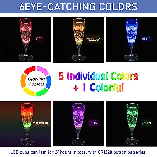 Homeya Led Wine Champagne Flute Glasses, (Set Of 6 Multi-Color) Water Liquid Activated Flashing Light Up Cup Blinking Cocktail Whisky Drinkware Glow Mugs For Wedding Bar Club Christmas Party Gifts #TOP1