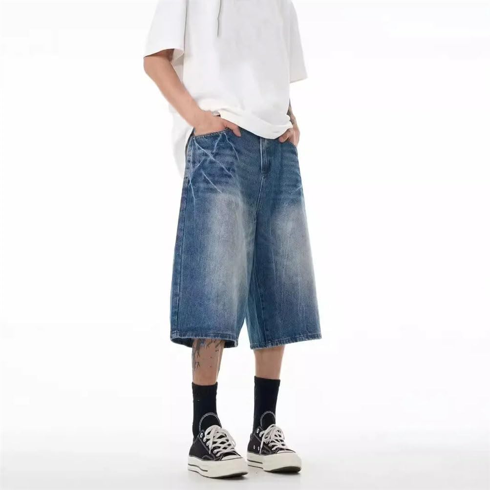 Men's Vintage Denim Shorts Men Summer Loose Fit Straight Leg Wide Leg Casual Jeans