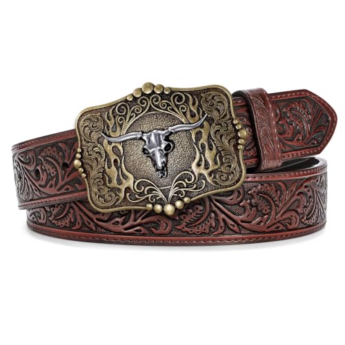 Image of Cowboy Cowgirl Belt Western Belts for Men Women Floral Engraved Longhorn Bull Buckle Belt for Jeans