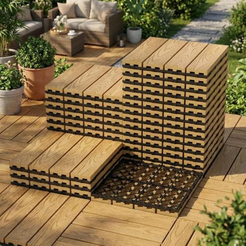 Decking Tiles 9 Packs, 30 x 30 cm Waterproof Interlocking Flooring Tiles, All Weather Use Garden Deck Boards for Indoor Outdoor, Patio Deck Flooring for Balcony,Terrace,Backyard, Hot Tub - Wood