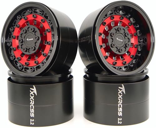 TxXrcss 207g Super Heavy Duty RC 2.2 Beadlock Wheel Adjustable 2 Offsets Rims Hub Upgrades for 1/10 Crawle Car Wheel and Tires Remote Control SCX10 Trx4m(4PC) (Red & Black)