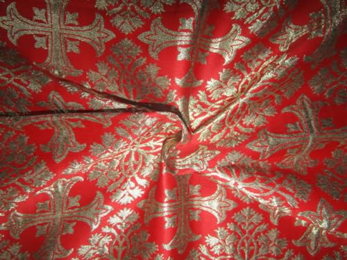 Tissu brocart de soie rouge et doré 111,8 cm BRO743 pour couture haute couture