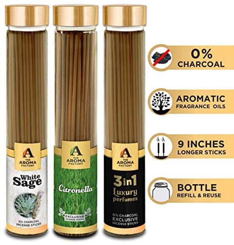 Image of The Aroma Factory White Sage,Mosquito Citronella & 3 in 1 Agarbatti for Pooja,Luxury Incense,100% Herbal Fragrance Agarbathi (Bottle Pack of 3x100g)