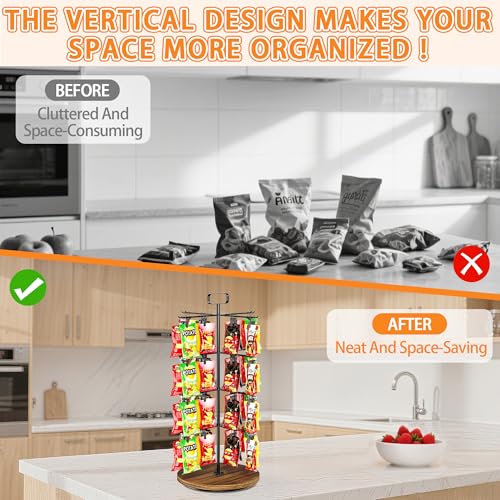 Wenfubrixa Chip-Rack, Präsentationsständer, 4 Etagen, 64 Clips, Snack-Bar-Organizer für Arbeitsplatte, 360° drehbares Snackregal, Süßigkeiten-Display-Halter, Chip-Aufbewahrungsstation für Speisekammer