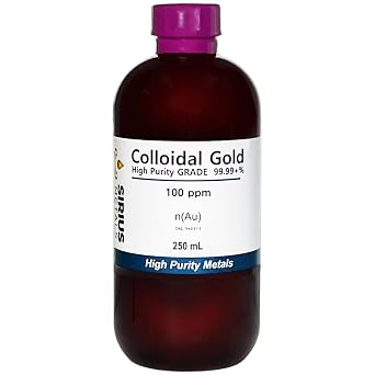 250 mL of Gold NanoParticle AuNP Solution 100 mg/L of 99.99+% Pure Gold AuNPs in Water - Clear Plastic Bottle