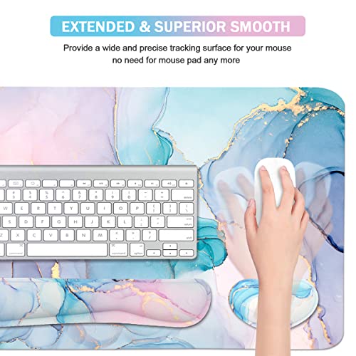 Image of 4-in-1 Large Gaming Mouse Pad, Keyboard Wrist Rest Pad & Wrist Support Mousepad Set, Extended Desk Pad Waterproof Desk Mat for Home Office Study Game - Blue Marble