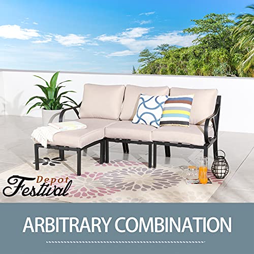 Festival Depot Patio Ottoman Metal Footstool With Thick Cushion Small Seat All Weather Outdoor Furniture For Porch Deck Garden (Beige) #TOP5