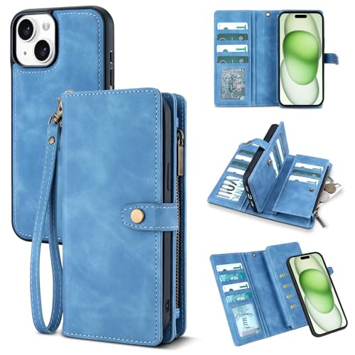 TwoHead for iPhone 15 Plus Wallet Case with 11 Card Holders,Sky Blue