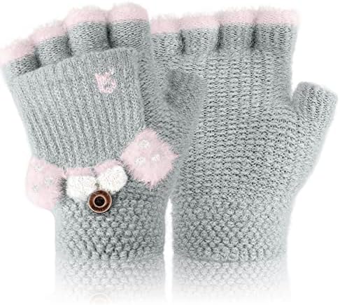 Kids Winter Flip Top Gloves - Children Convertible Fingerless Flap Cover Gloves Kids Winter Warm Knit Fingerless Mitten Cartoon Gloves for Boys Girls