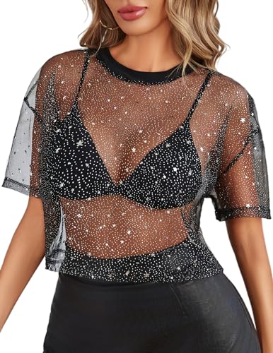Avidlove Women's Mesh Sheer Crop Tops Crew Neck Drop Shoulder Short Sleeve Lace Floral See Through Shirts (Glitter Black, Medium)