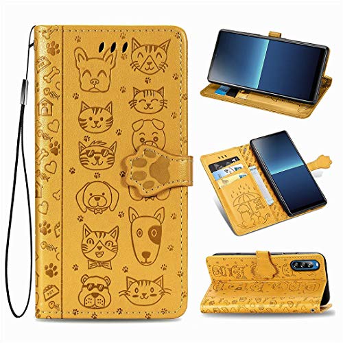 Funda para Sony Xperia L4, diseño de gato y perro de piel sintética con tapa magnética para Sony Xperia L4 (amarillo)