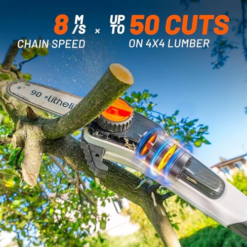 Litheli 20V Cordless Pole Saw, 8\'\' Battery Powered Pole Chainsaw for Tree Trimming, 28ft/s Cutting Speed, 2.5Ah Battery & Charger Included, for Branch Cutting & Pruning
