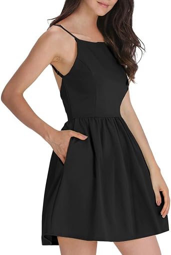 FANCYINN Womens Black Short Dress Spaghetti Strap Backless Mini Skater Black Dresses L